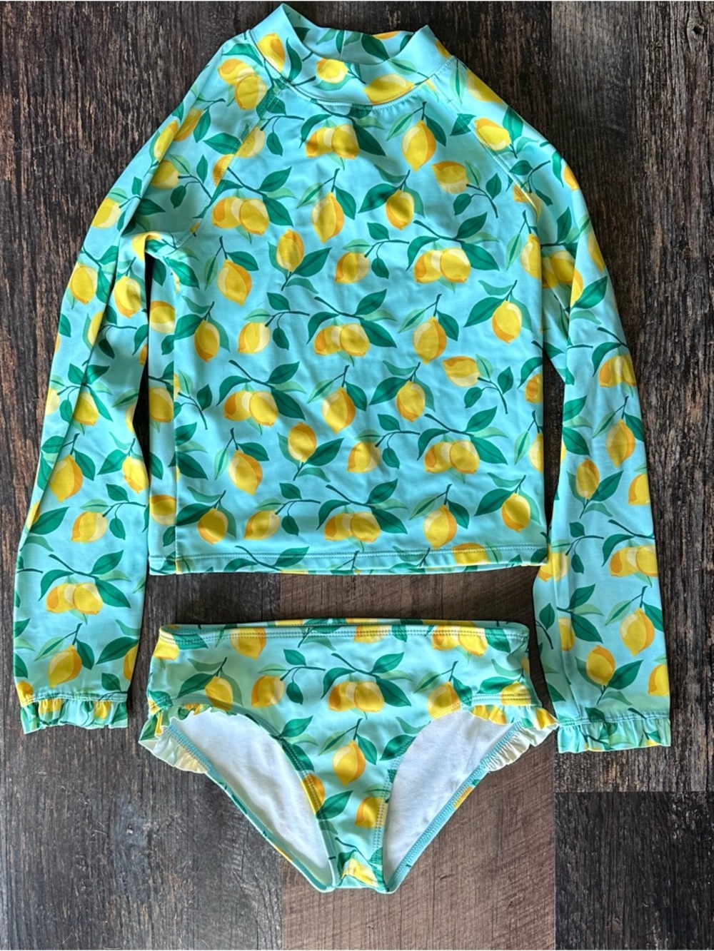 Janie and Jack Girls' Aqua Lemon Print Long-Sleeve Rashguard Swim Set